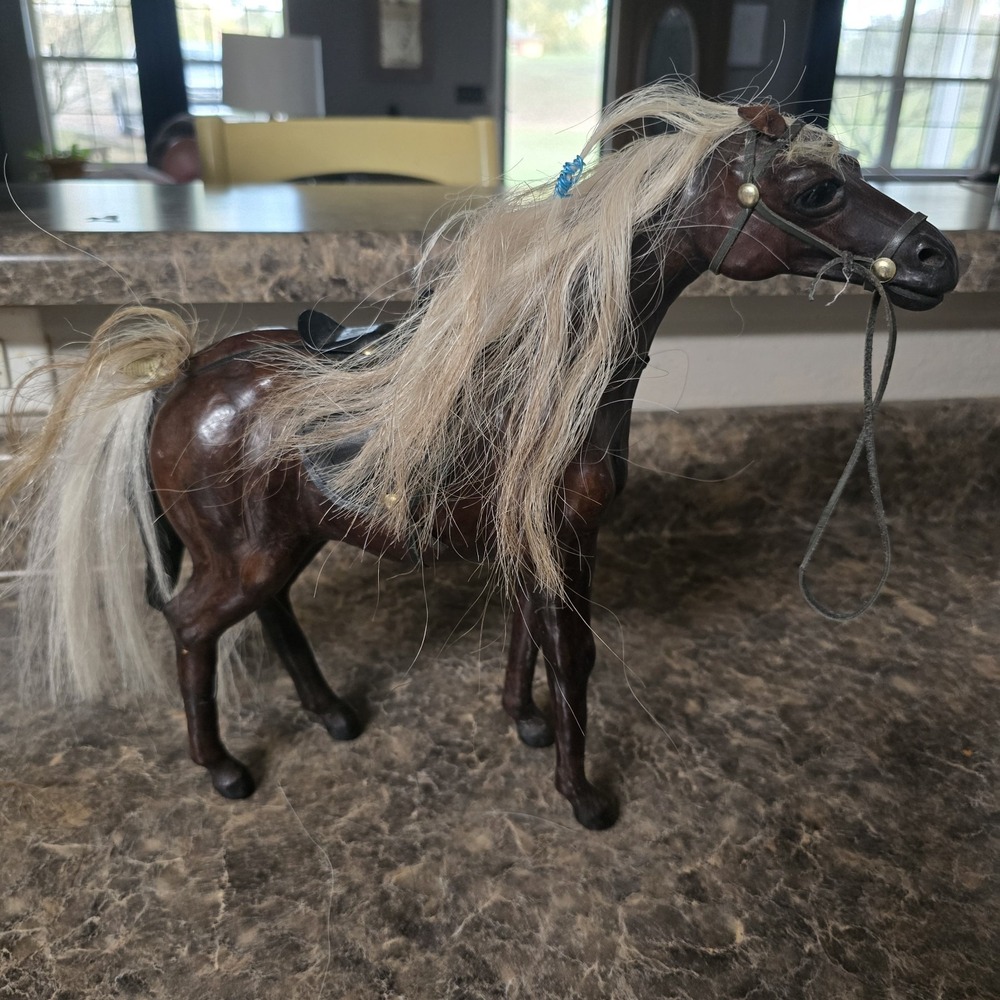 Vintage‎ Leather Wrapped Horse Figurine Real Horsehair Mane Tail Western...